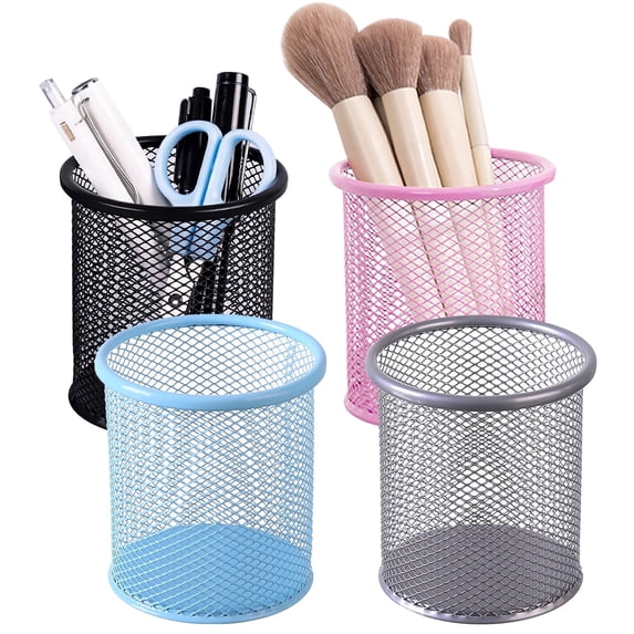 SAYEEC 4 Pack Round Metal Mesh Pen Holders, Durable Hollow Desk Organizers, Art Supply Storage Organizer for Office Home, Multi-Color