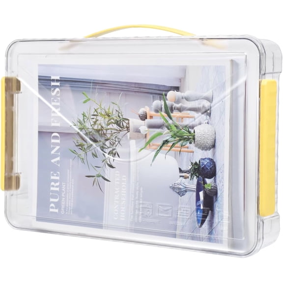 SAYEEC Clear A4 File Storage Box with Handle, Stackable Plastic Document Organizer with Lid for  A4 Paper, Magazine, Photos & Crafts, Yellow