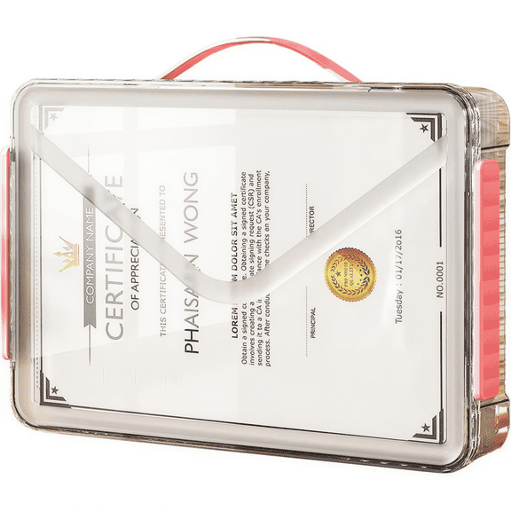 SAYEEC Clear A4 File Storage Box with Handle, Stackable Plastic Document Organizer with Lid for A4 Paper, Magazine, Photos & Crafts, Red