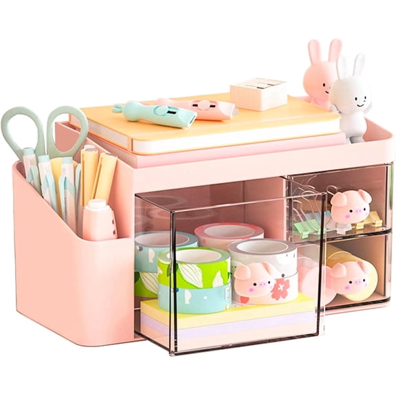 SAYEEC Pink Plastic Desk Organizer with 3 Drawers & Pen Holder, Compact Multi-Functional Storage Caddy for Office & Vanity