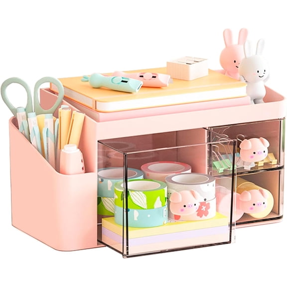 SAYEEC Pink Plastic  Desk Organizer with 3 Drawers & Pen Holder, Compact Multi-Functional Storage Caddy for Office & Vanity