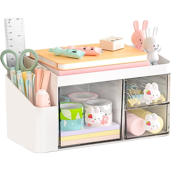 SAYEEC Plastic Desk Organizer with 3 Drawers & Pen Holder, Compact Multi-Functional Storage Caddy for Office & Vanity, White