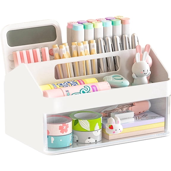 SAYEEC Desk Organizer with Drawer & Handle, 6 Compartments Multi-Functional Pen Holder, 1 Pack, White