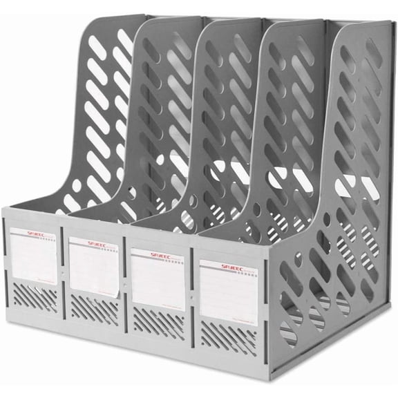 SAYEEC Plastic Vertical File Holder, 4-Compartment Desktop Magazine Organizer for Office & Home Storage, Gray