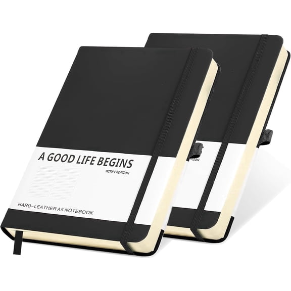 SAYEEC 2-Pack Black 5.5"x8.3" Classic Hardcover Lined Journal Notebook, 200 Pages with Pen Loop & Inner Pocket for Writing & Meetings