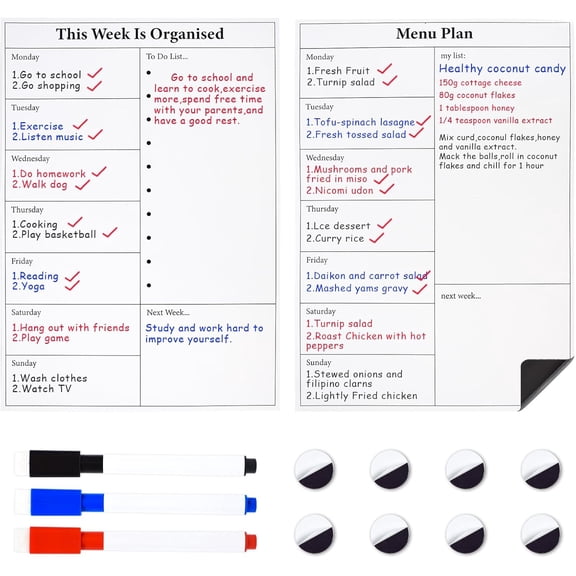 SAYEEC Magnetic Dry Erase Calendar for Refrigerator 2Pcs Weekly Planner and Menu Board with 8 Fridge Magnets Calendar Planner Whiteboard Planning Board for Chore Chart, Meal, to Do List
