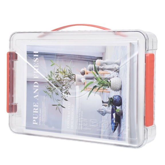 SAYEEC Plastic Paper Storage Boxes, A4 Clear Portable Document Storage Box, Transparent Project Case with Handle & Snap-Tight Latches, Red