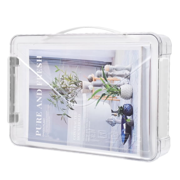SAYEEC Plastic Paper Storage Boxes, A4 Clear Portable Document Storage Box, Transparent Project Case with Handle & Snap-Tight Latches, White
