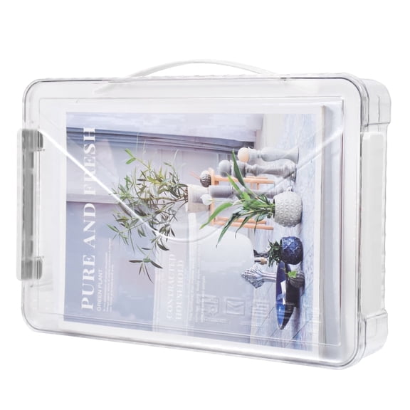 SAYEEC Clear Plastic A4 Document Storage Box, White Latches & Handle, Paper File Storage Container for Office Home