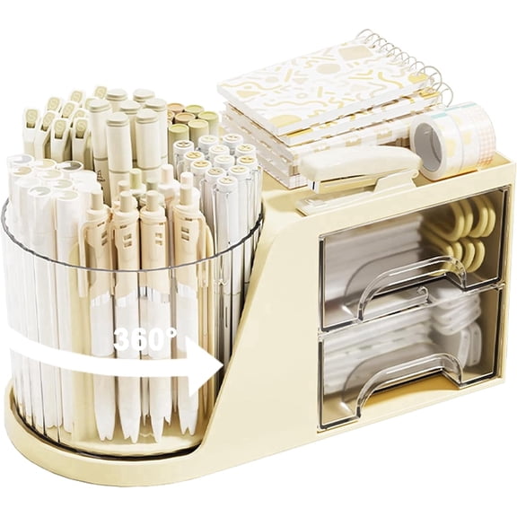 SAYEEC Multi-Functional Rotating Desktop Organizer, 2 Drawer 6 Slot Makeup Pen Storage Holder for Office Home Art Supplies White