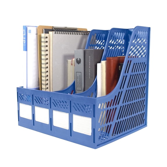 SAYEEC Blue Plastic 4-Compartment Vertical Desk File Organizer, Magazine & Document Storage for Office Home