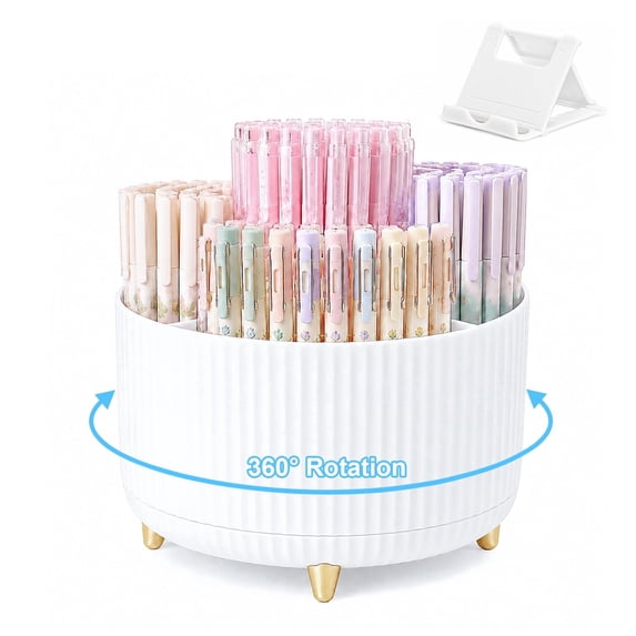 SAYEEC White 360°Rotatable 5-Compartment Desktop Pen Holder Organizer with Phone Stand for Office Home