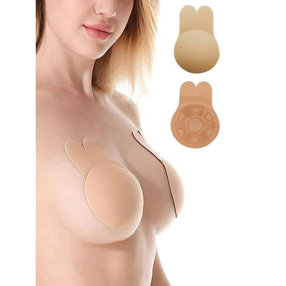 SAYFUT 2 Pack Women's Push Up Strapless Sticky Bra Reusable Self Adhesive Invisible Silicone Backless Bra Nipple Covers For Swimming Wedding Party Evening Dress Black/ Skin, Cup A/B