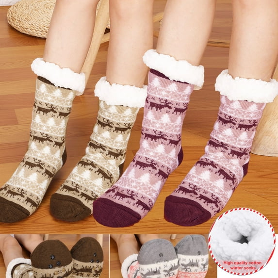 SAYFUT 2 Pairs Winter Warm Women Men Slipper Socks Comfortable Cozy Fluffy Super Soft Anti Slip Thicken Floor Home Birthday Gift Warmer