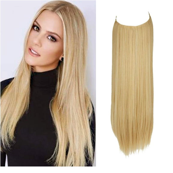 SAYFUT 22 Inch Hair Piece Long Synthetic Hairpiece Invisible Wire Headband for Women Secret Elastic Fish line Hairpiece Hidden Straight Long Synthetic Hair Extension,Light Ash Blonde & Bleach Blonde
