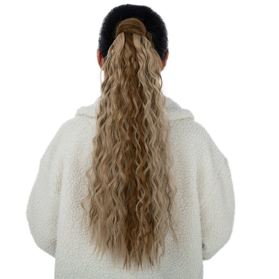 SAYFUT 22" Wavy Curly Wrap Around Ponytail Extension Woman Clips in Synthetic Hair Extension Hairpieces Dark Black,120g