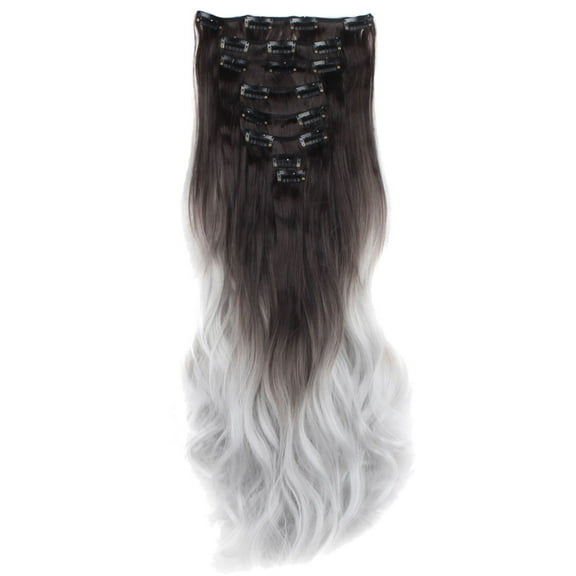 SAYFUT 24" Long Curly Full Head Clip in Synthetic Hair Extensions 8 Pieces 18 Clips 145g Dark Brown To Silver Grey