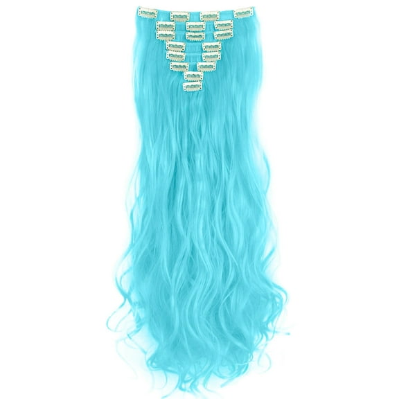 SAYFUT 24" Long Curly Full Head Clip in Synthetic Hair Extensions 8 Pieces 18 Clips 145g Sky Blue