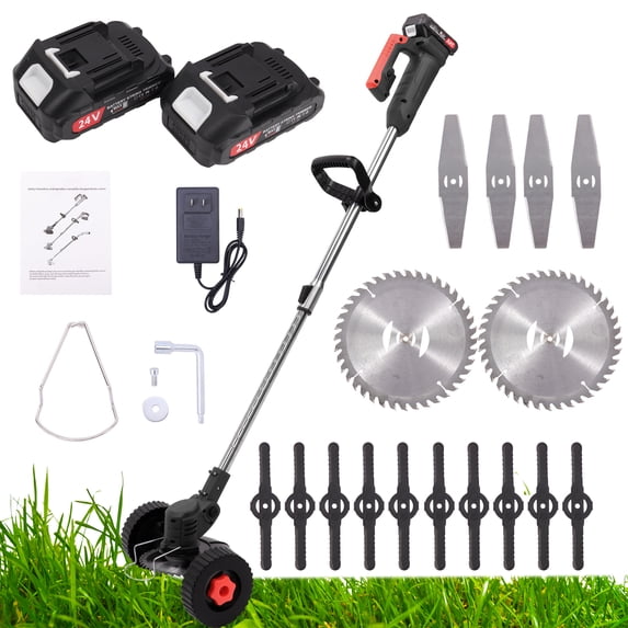 SAYFUT 24V 800W Electric Grass Trimmer Double Wheel Cordless Electric Lawn Mower Adjustable Length Garden Pruning Cutter Tool