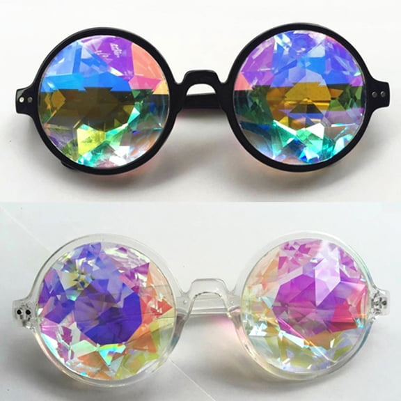 SAYFUT 2Packs Fashion Goggles Mosaic Rainbow Kaleidoscope Sunglasses Special Lens Diffraction Rave Glasses Clear Pink Black