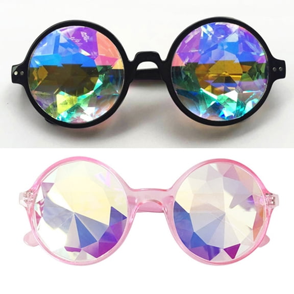 SAYFUT 2Packs Fashion Goggles Mosaic Rainbow Kaleidoscope Sunglasses Special Lens Diffraction Rave Glasses Clear Pink Black