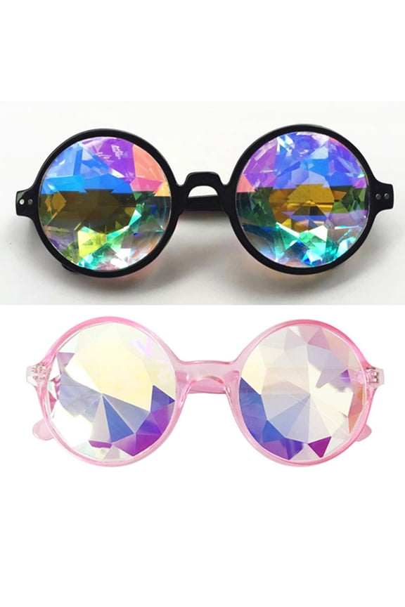 2Packs Fashion Goggles Mosaic Rainbow Kaleidoscope Sunglasses Special Lens Diffraction Rave Glasses Clear Pink Black
