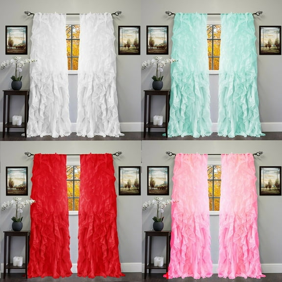 SAYFUT 2pc Shabby Chic Sheer Vertical Ruffled Window Curtain Panel Drapes set