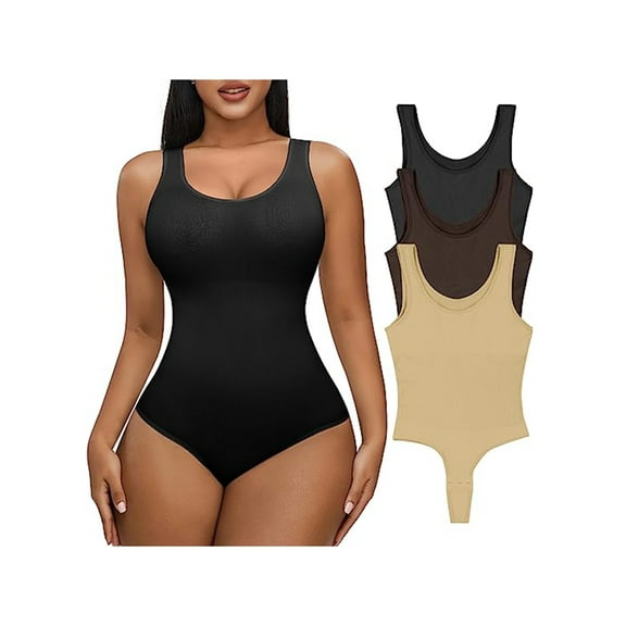 SAYFUT 3 Piece Women's Shapewear Bodysuit Sexy Sleeveless Shapewear Bodysuit Tummy Control Thong Full Body Shaper Round Neck Tops Slimming Bodysuits(Black S-XL)