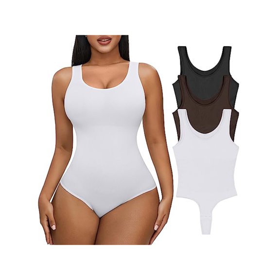 SAYFUT 3 Piece Women's Shapewear Bodysuit Sexy Sleeveless Shapewear Bodysuit Tummy Control Thong Full Body Shaper Round Neck Tops Slimming Bodysuits(Black S-XL)