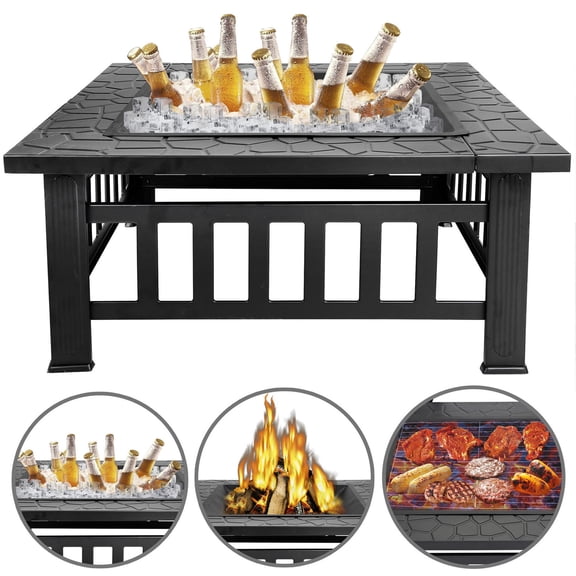SAYFUT 32'' Metal Firepit Patio Backyard Garden Square Stove Cover Fire Pit Heat Brazier