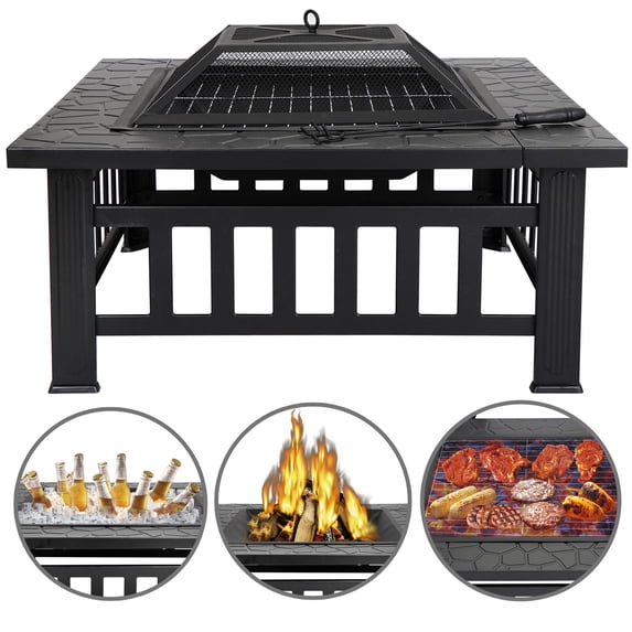 SAYFUT 32'' Metal Firepit Patio Backyard Garden Square Stove Cover Fire Pit Heat Brazier