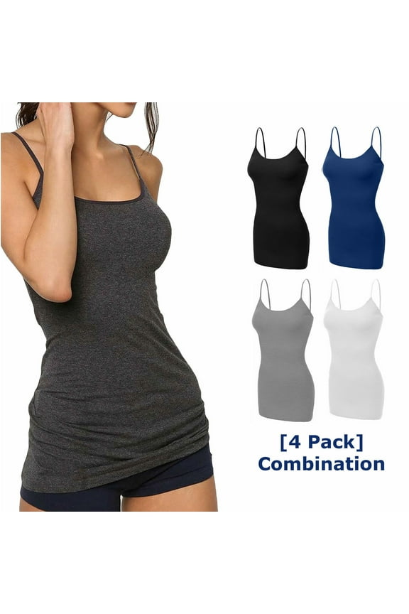 4 Pack Mixed Colors, Women Long Camisole Tank Tops Blend Fit Basic Cami Top W/ Straps