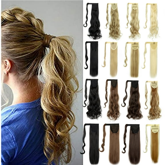 SAYFUT Black Ponytail Extension Wrap Around Long Straight Curly Wave Clip in Ponytails Hair Extensions for Women 20-22 Inch Synthetic Hairpiece 80g