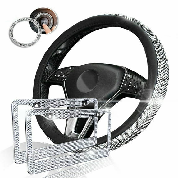 SAYFUT Bling Set Steering Wheel Cover License Plate Frame Ignition Sticker