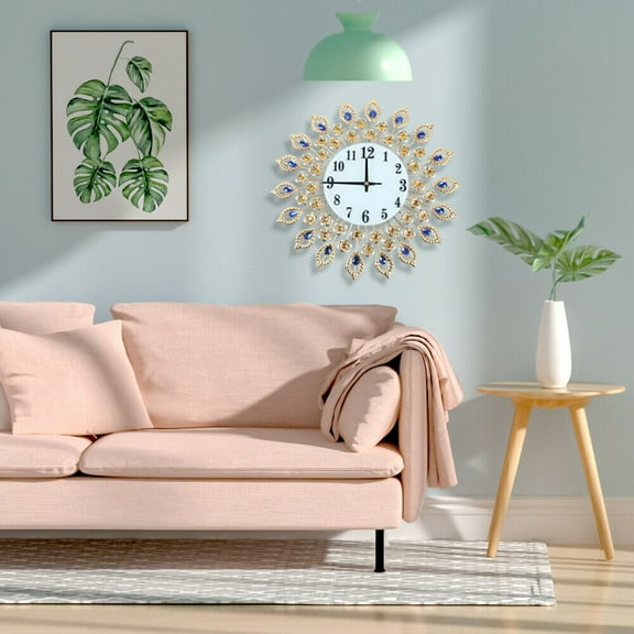 SAYFUT Gold Luxury Peacock Large Wall Clock 3D Metal Living Room Watch Home Decor 38cm