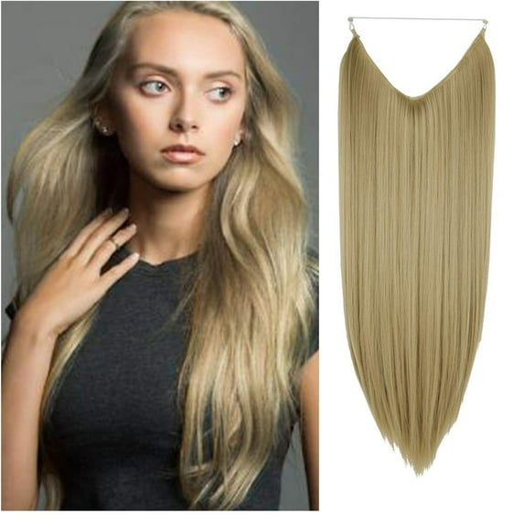 SAYFUT Hair Extension Ash Blonde Invisible Wire Headband 18/20/22 Inch 4.2-4.4 Oz Long Curly Wavy Synthetic Hairpiece for Women Heat Resistant Fiber No Clip Straight Synthetic Hair