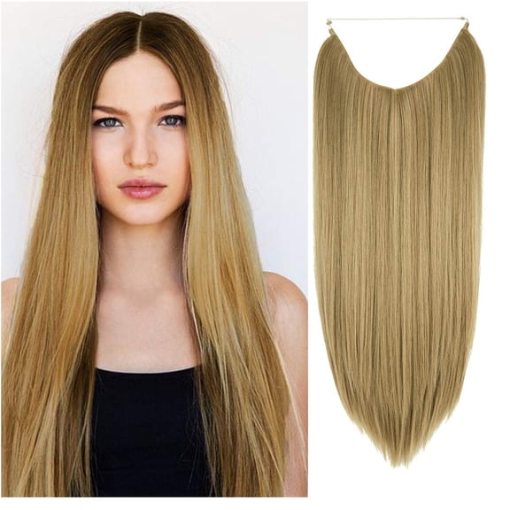 SAYFUT Hair Extension Ash Blonde Invisible Wire Headband 18/20/22 Inch 4.2-4.4 Oz Long Curly Wavy Synthetic Hairpiece for Women Heat Resistant Fiber No Clip Straight Synthetic Hair