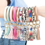 SAYFUT Handmade Wristlet Round Key Ring Chain Leather/ Silicone Oversized Bracelet Bangle Keychain Holder Tassel for Women Girl