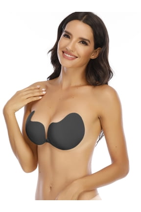Invisible Silicone Bras for Women, Self Adhesive Strapless Bra with Drawstring, Reusable Push Up Bra, Upgrade style, Beige/ Black