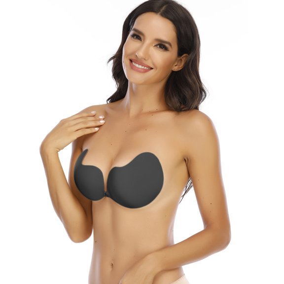 SAYFUT Invisible Silicone Bras for Women, Self Adhesive Strapless Bra with Drawstring, Reusable Push Up Bra, Upgrade style, Beige/ Black