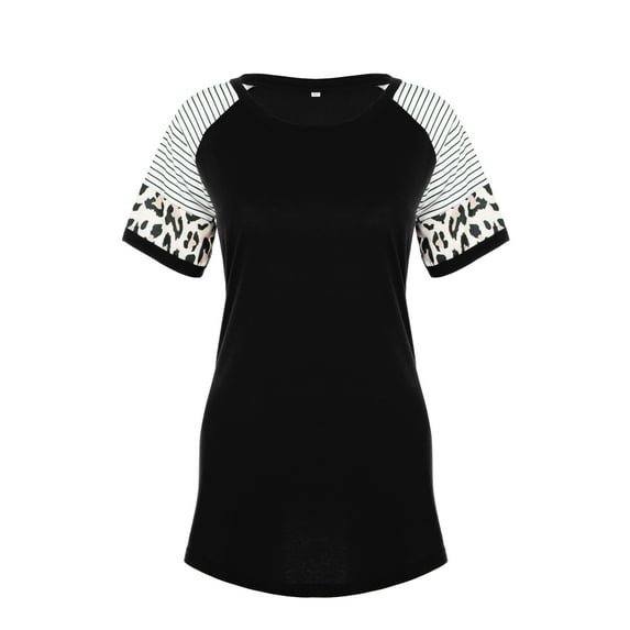 SAYFUT Juniors' Plus Size Leopard Summer Loose Striped Tops Short Sleeves Color Block Tees Tunic Crew Neck Casual Henley T-Shirts