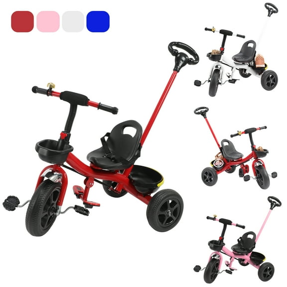 SAYFUT Kids' Tricycles Push Bike for 1-5 Years Old, Toddler Bicycle, Toddler Tricycle, Stroller Tricycle Walker With Retractable Push Handle,Safe Belt & 2 Storage baskets