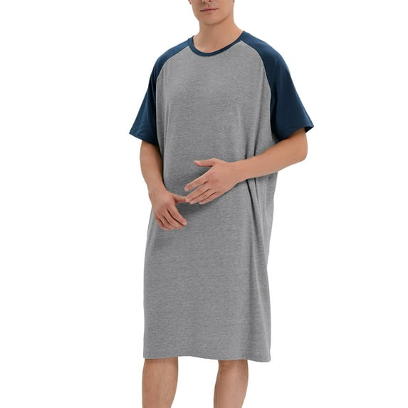 SAYFUT Men's Nightshirt, Cotton Men's Sleepwear Nightwear Comfy Big&Tall V Neck Short Sleeve Soft Loose Pajama Sleep Shirt,up to size 3XL gray-blue, gray-black