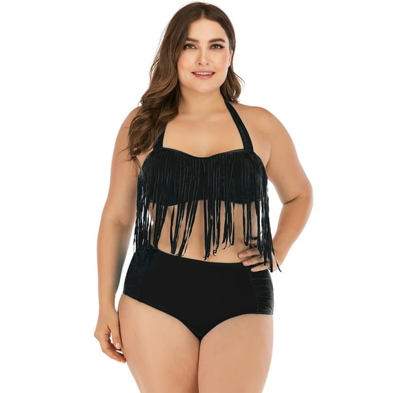 SAYFUT Plus Size Halter Tassel Bikini High Wsist Swim Bottoms Two Pieces Bathing Suit for Women Black/Blue/Red