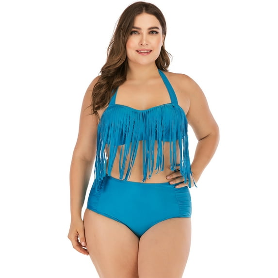 SAYFUT Plus Size Halter Tassel Bikini High Wsist Swim Bottoms Two Pieces Bathing Suit for Women Black/Blue/Red