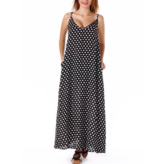 SAYFUT Plus Size Women's Sundresses Spaghetti Strap Polka Dot Dress Sleeveless V-Neckline Backless Beach Swimwear Long Dresses