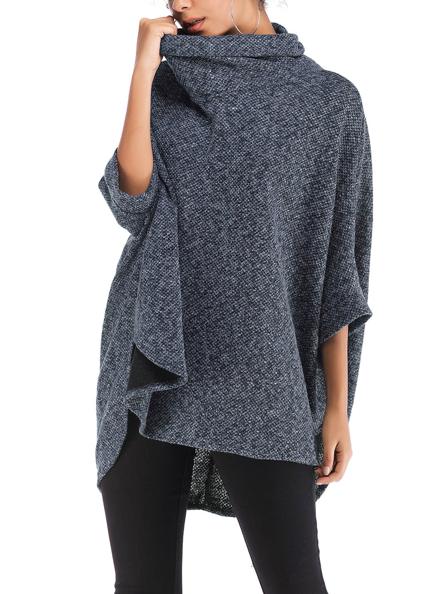 SAYFUT Poncho Cape Style Long Sleeve Cowl Neck Batwing Dolman Sleeve High Low Irregular Hem Sweater Jumper Top