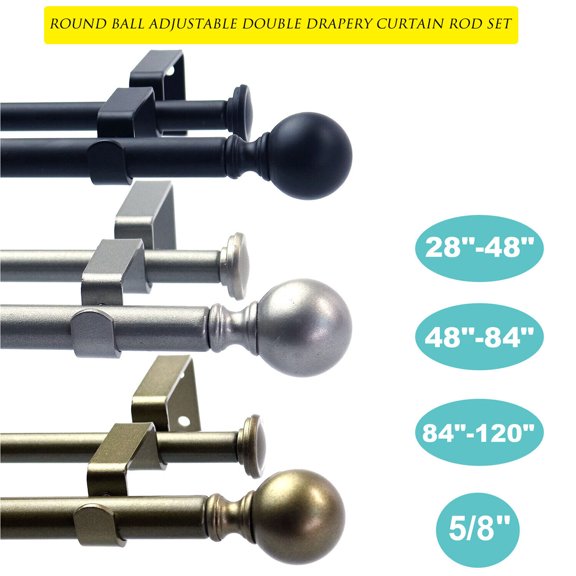 SAYFUT Round Ball Adjustable Double Drapery Curtain Rod Set 28''-48''/48''-84''/84''-120''