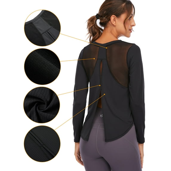 SAYFUT Round Neck Blouses T-Shirts for Women Long Sleeve Pullover Tops Mesh Breathable Casual Shirts Black/Blue Size S-XL