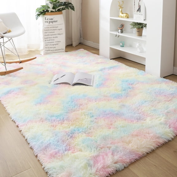 SAYFUT Rug Rectangle Oblong Shape Bedroom Fluffy Rugs Anti-Skid Shaggy Area Office Sitting Drawing Room Gateway Door Carpet Play Mat, 60''x95.7'', Rainbow